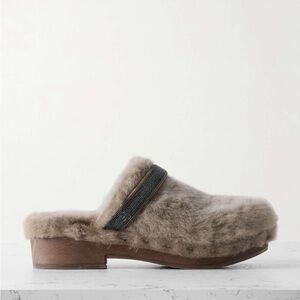 Brunello Cucinelli Bead-embellished shearling clogs